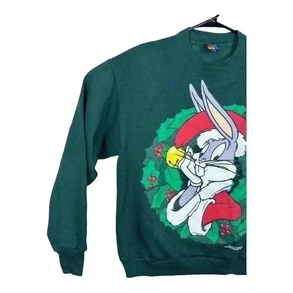 Vintage Christmas Looney Tunes Bugs Bunny Crewneck Size Medium Green 1994 Warner - Picture 2 of 12